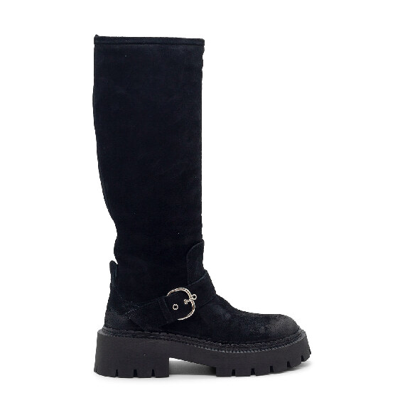 H04 Bob – Black biker boot in vintage calf suede  