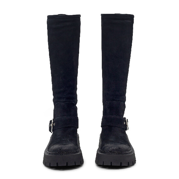 H04 Bob – Black biker boot in vintage calf suede  
